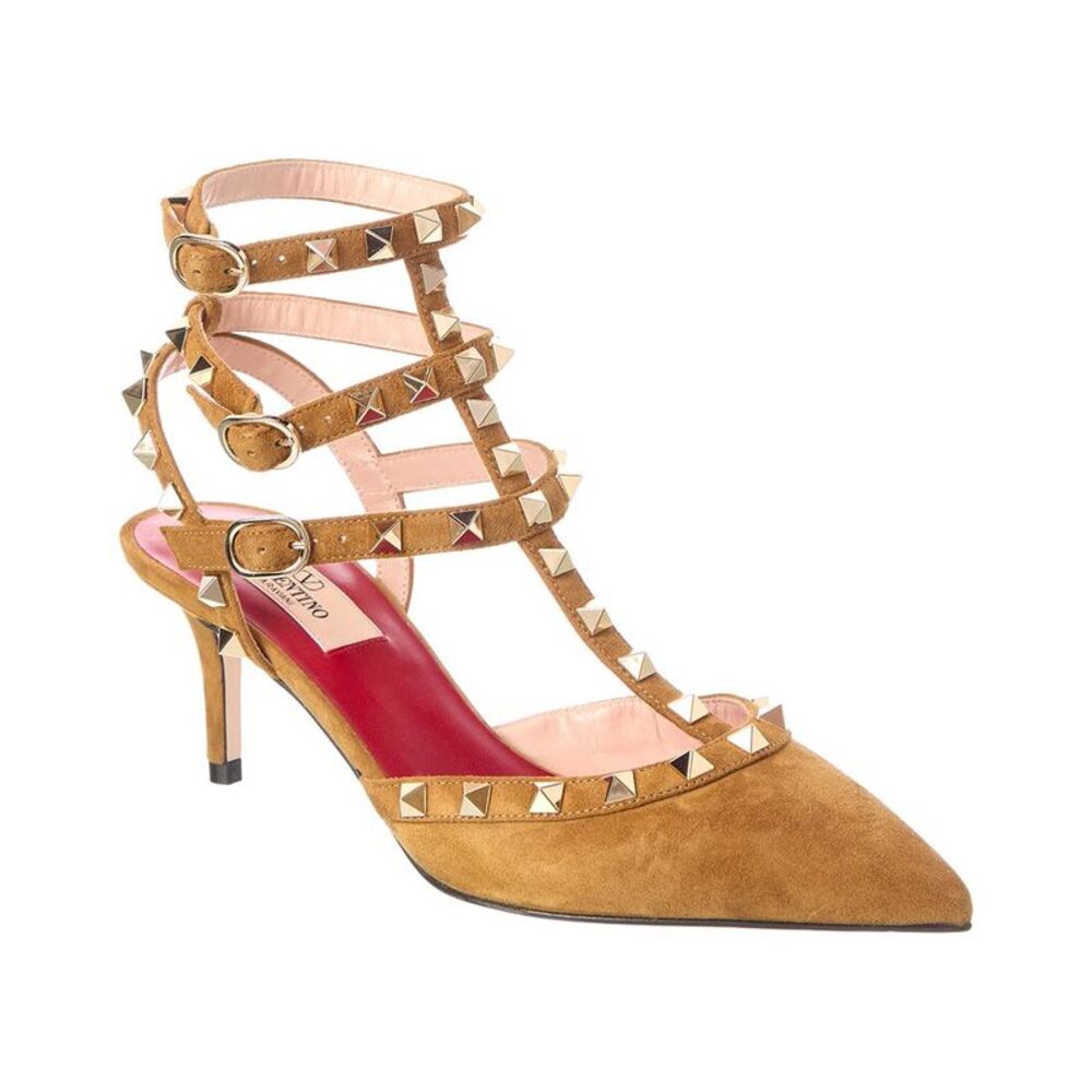 Valentino Rockstud 65 Caged Ankle Strap Suede Pump, Brown